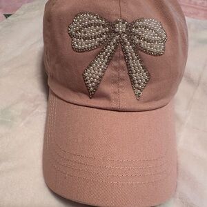 Embellished Pearl Bow Pink Baseball Cap for Women